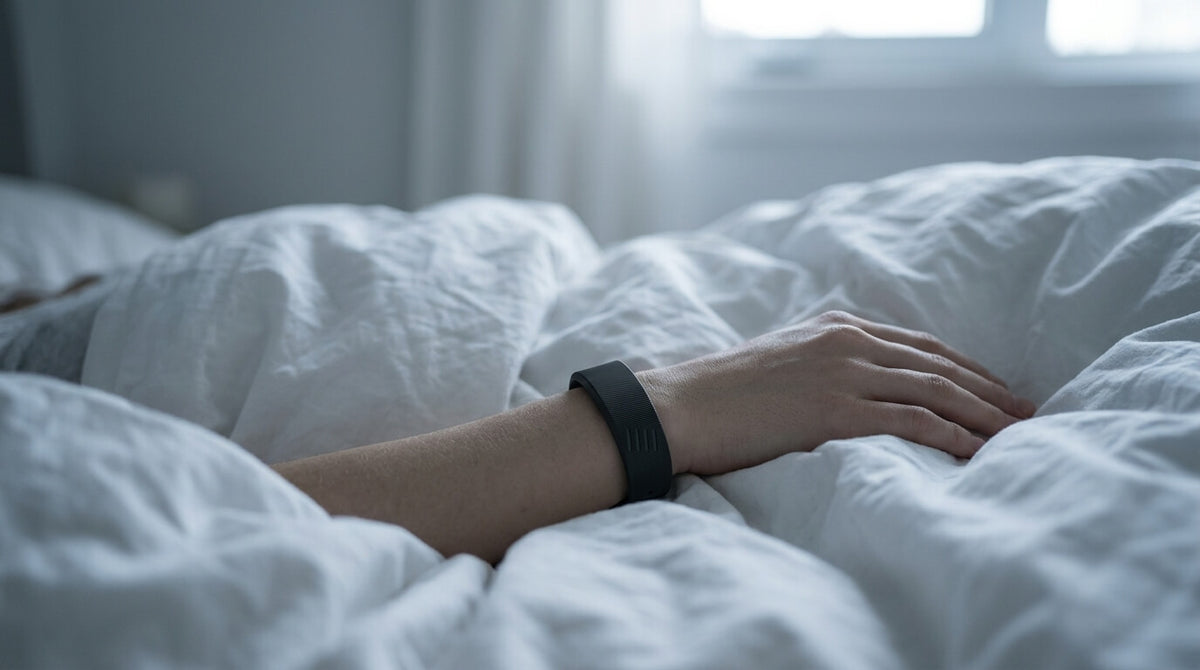 Arm resting on white bedding wearing a black Soovie vibrating wrist alarm, with soft early morning window light