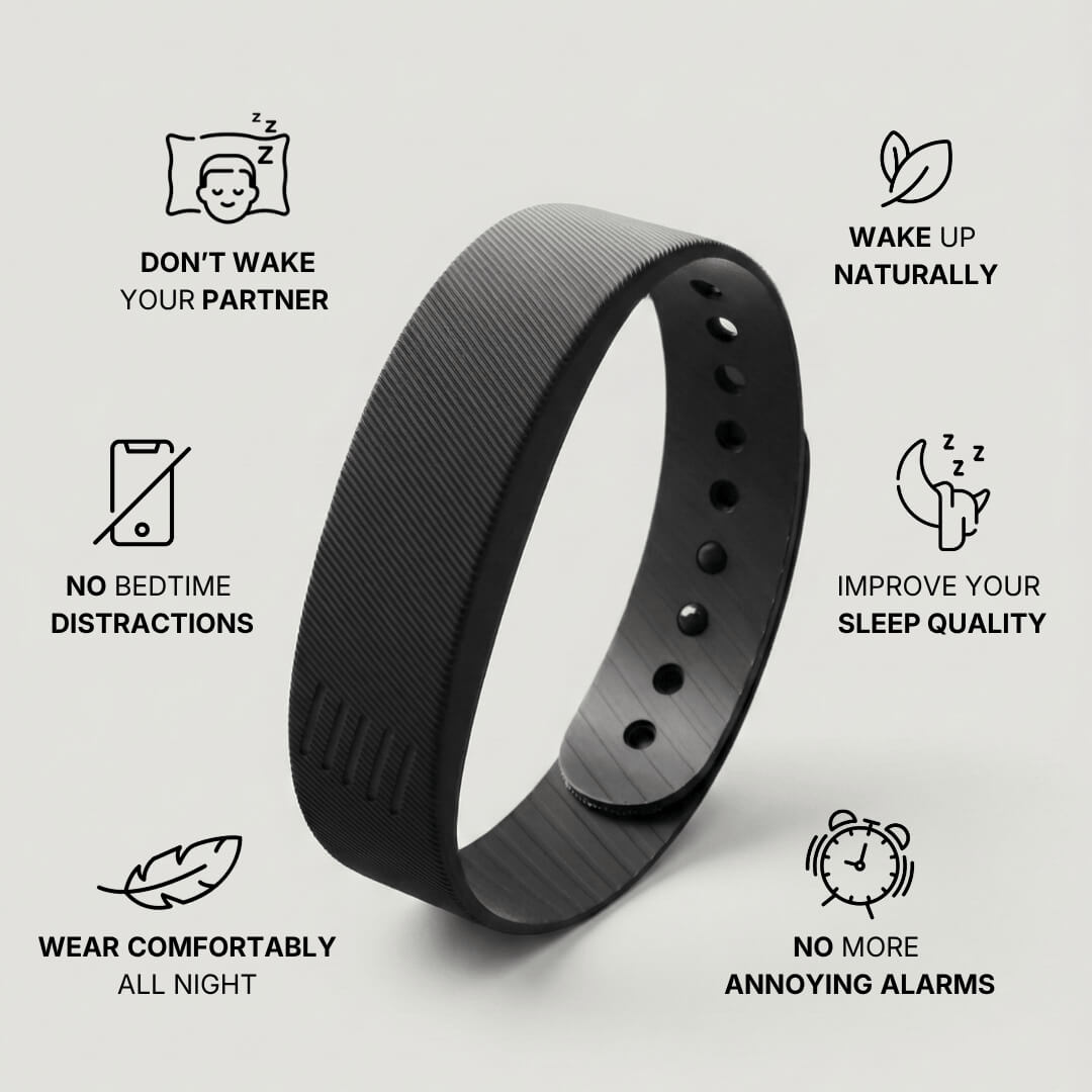 Black wristband with features listed on a light gray background