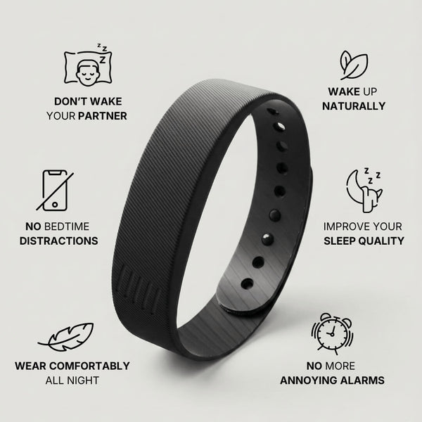 Black wristband with features listed on a light gray background